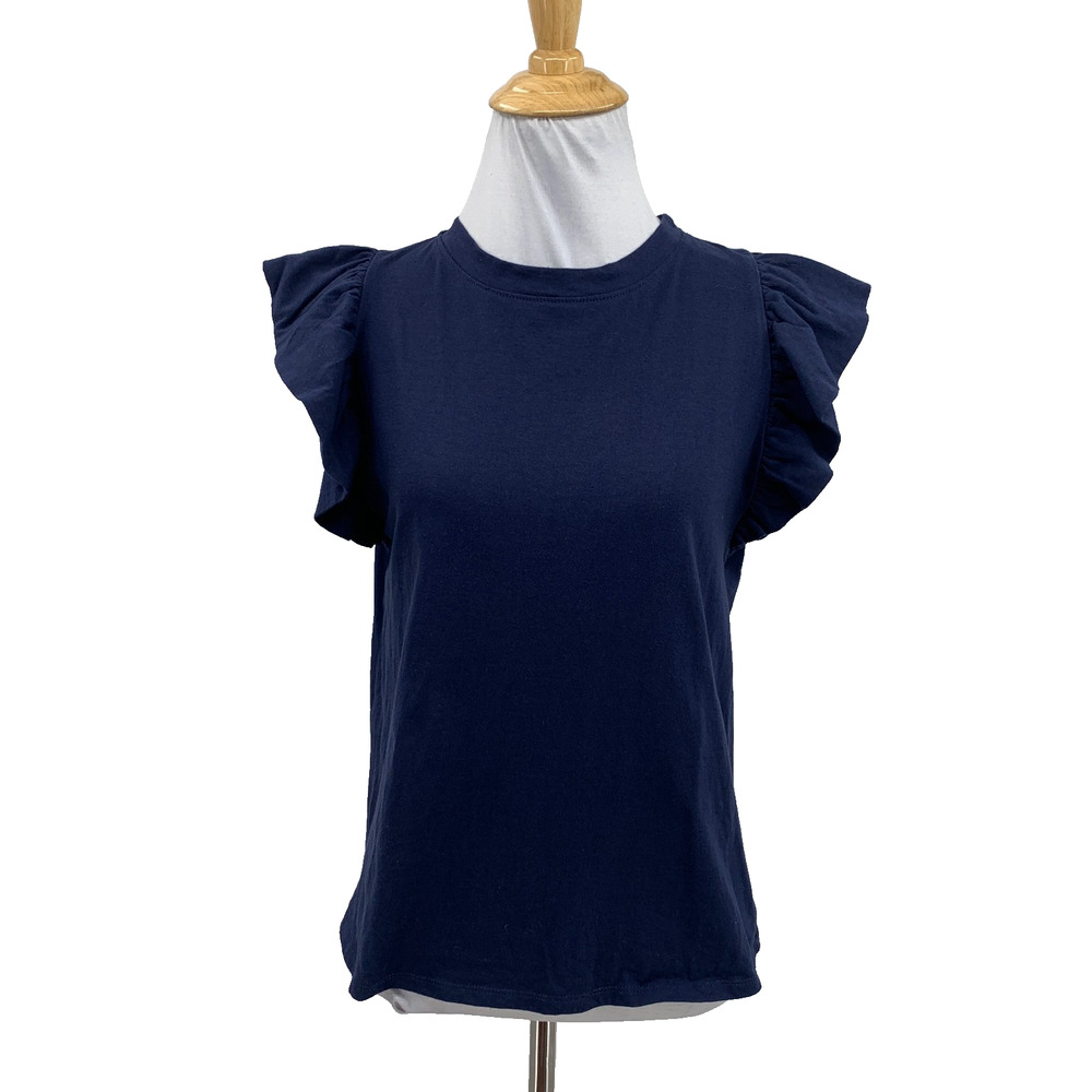 Tuckernuck T Shirt Womens S Small Navy Cotton Ruffle Flutter Sleeves Crew Tee